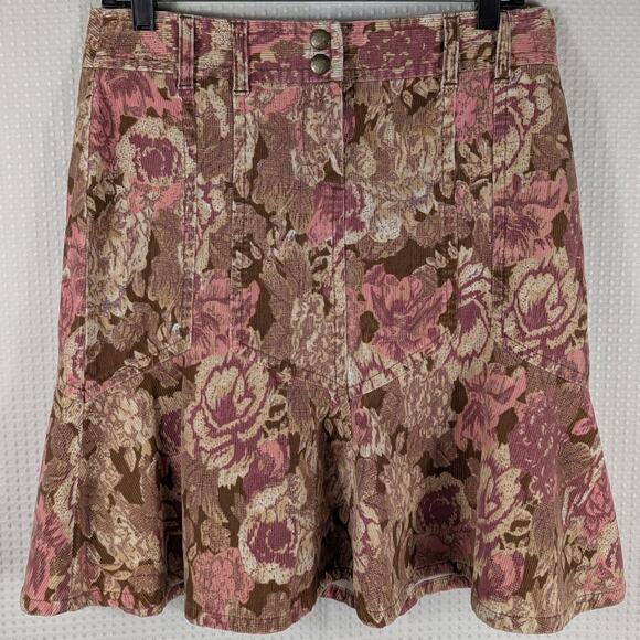 Ann Taylor Loft 4 Corduroy Floral Skirt Brown Pink Retro Y2K Fall Cotton Womens - Picture 1 of 4